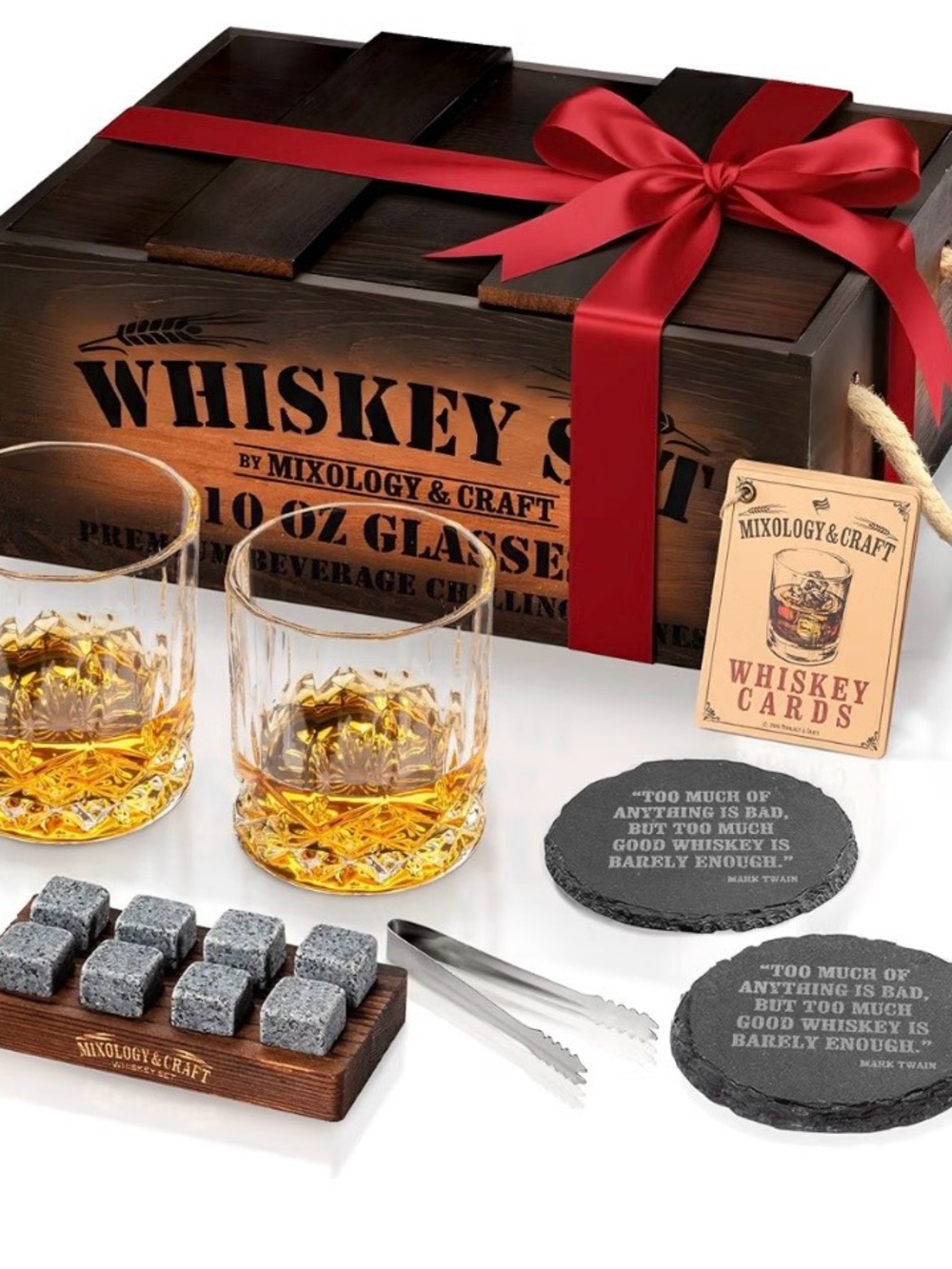 Classic Whiskey Gift Set with Red Ribbon - Glasses & Accessories